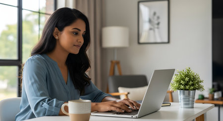 Serene indian woman working on laptop at home office while typing and sitting at desk bathed in window light with coffee cup nearby. This illustrates remote work flexibility and calm work environment. Woman focuses on computer, demonstrating productivity in her home setting.の素材
