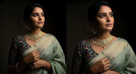 Portrait of elegant indian woman wearing traditional saree and jewelry posing in studio with dark background looking away. She wears glamour make up and classic hair style. Image that could be used for cultural content or promoting indian tradition and celebration.の素材