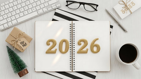 Top view of office workplace with blank notebook, keyboard, coffee cup, christmas tree and gift boxes on wooden background. New Year and Christmas holiday concept.の素材