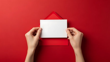 cropped shot of woman holding red gift box with blank card on red backgroundの素材