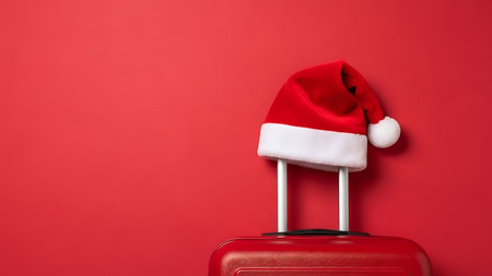 Red suitcase with Santa Claus hat on red background. Christmas travel conceptの素材