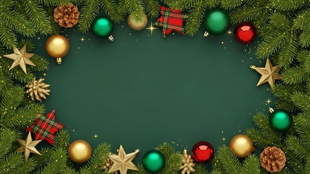 Green Christmas background with fir branches and decorations. Vector illustration for your design.の素材