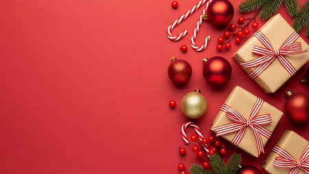 Christmas composition. Gifts, balls and decorations on red background. Flat lay, top view, copy spaceの素材