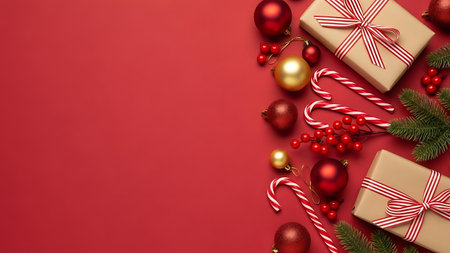 Christmas background with fir branches, red balls, candy canes and gift boxes on red background. Top view with copy space.の素材