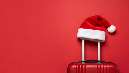 Red suitcase with santa hat on red background. Christmas travel conceptの素材