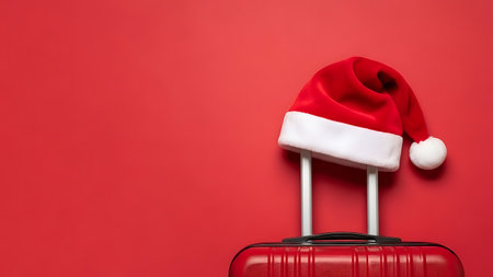 Red travel suitcase with Santa Claus hat on red background. Christmas holiday concept.の素材