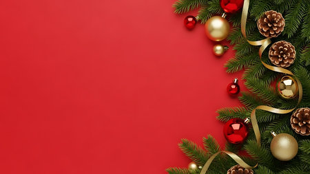 Christmas background with fir tree branches, golden baubles and christmas balls on red backgroundの素材