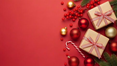 Christmas composition. Gifts, christmas decorations on red background. Flat lay, top view, copy spaceの素材