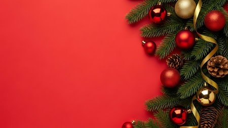 Christmas background with fir tree branches, red balls, cones and ribbons on red backgroundの素材