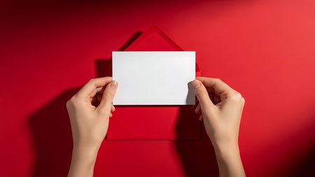 Female hands holding a white envelope on a red background. Flat lay, top view.の素材