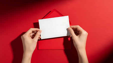 cropped view of woman holding red gift box with blank card isolated on redの素材