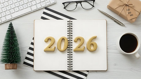 Top view of office workplace with notebook, computer keyboard, christmas tree, gift box and cup of coffee on white wooden background. New Year celebration concept.の素材