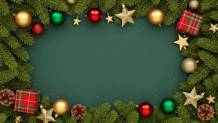 Christmas background with fir tree branches, golden and red baubles and gift boxes on green backgroundの素材