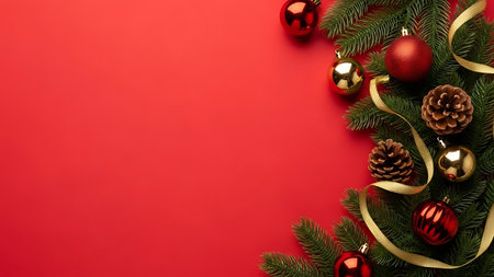 Christmas background with fir tree branches and decoration on red. Top view with copy spaceの素材