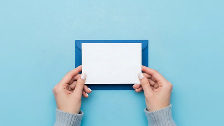 Female hands holding a white card on blue background. Flat lay, top viewの素材