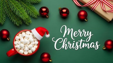 Merry Christmas and Happy New Year greeting card with cup of hot chocolatehmallow and gift box on green backgroundの素材