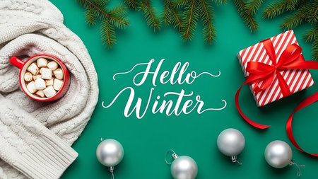 Hello winter lettering with hot chocolate, scarf and christmas balls on green backgroundの素材