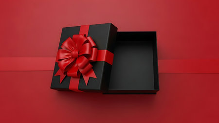 Black gift box with red bow on red background. 3d renderingの素材