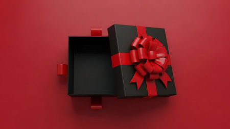 Open black gift box with red bow on red background. 3D renderingの素材