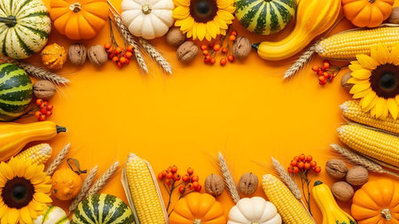 Autumn composition. Pumpkins, corn, sunflowers, nuts on orange background. Flat lay, top view, copy spaceの素材