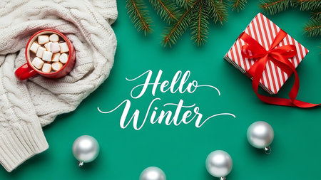 Hello winter lettering with hot chocolatehmallows and gift box on green backgroundの素材