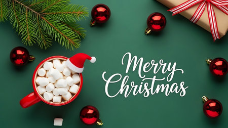 Merry Christmas lettering with hot chocolate with marshmallow and gift box on green backgroundの素材