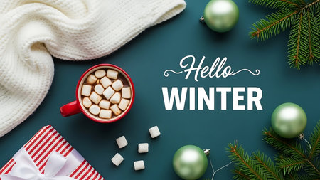 Merry Christmas and Happy New Year greeting card with cup of hot chocolatehmallows and gift box.の素材