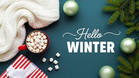 Hot chocolate with marshmallow, scarf and christmas balls on green backgroundの素材