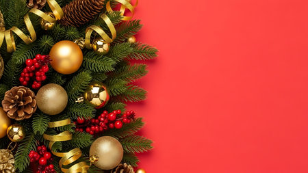Christmas decoration on red background with copy space. Top view, flat layの素材