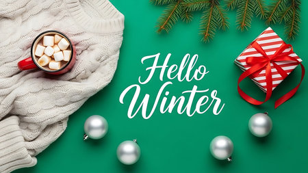 Hello Winter lettering with cup of hot chocolate, gift box and christmas balls on green backgroundの素材