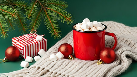 Red cup of hot chocolate with marshmallows and gift box on green backgroundの素材