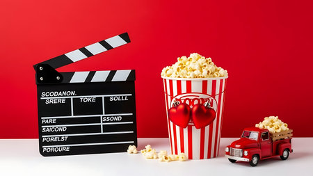 Movie clapper board, red toy car and popcorn on red backgroundの素材