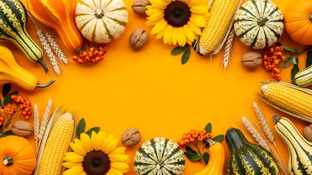 Autumn composition with pumpkins, sunflowers and berries on yellow backgroundの素材
