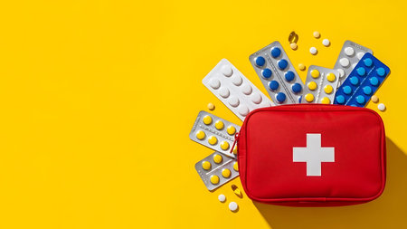 First aid kit and pills on yellow background. Healthcare and medicine conceptの素材