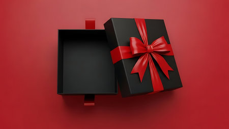 Open black gift box with red bow on red background. 3D renderingの素材