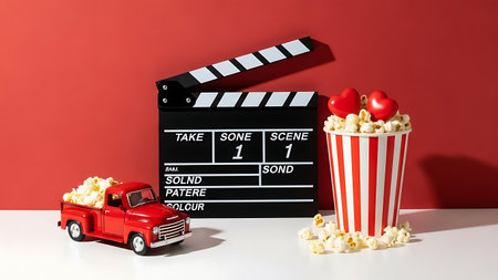 Movie clapper board with red toy car and popcorn on white table and red wall backgroundの素材