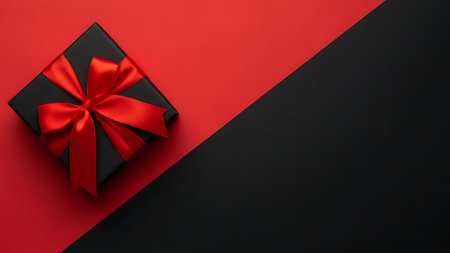 Black gift box with red bow on black and red background, top viewの素材