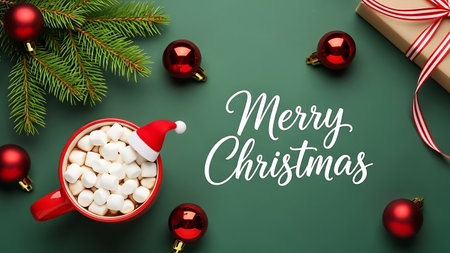 Merry Christmas and Happy New Year greeting card with cup of hot chocolatehmallows and gift box on green backgroundの素材