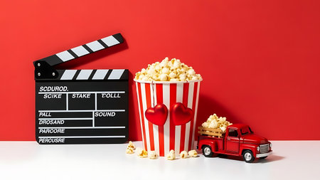 Movie clapper board, red toy car and popcorn on red backgroundの素材