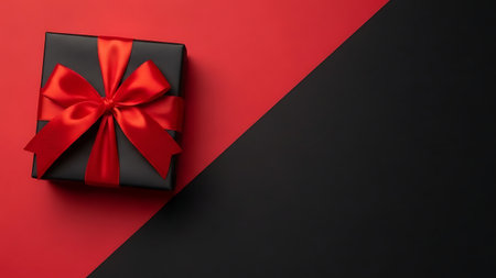 Black gift box with red bow on black and red background, top viewの素材
