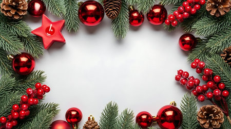 Christmas background with fir tree branches, red balls and cones on white backgroundの素材