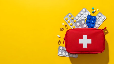 First aid kit and pills on yellow background, top view, copy spaceの素材
