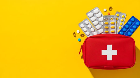 First aid kit and pills on yellow background, top view with copy spaceの素材