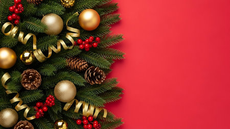 Christmas background with fir tree branches, golden baubles and ribbons on red background. Top view with copy spaceの素材