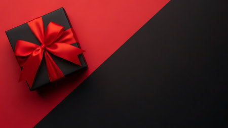 Black gift box with red bow on black and red background. Top view.の素材