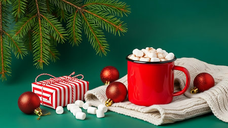 Hot chocolate with marshmallows in a red mug, Christmas tree branches and gifts on a green backgroundの素材