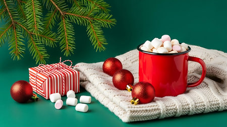 Red cup of hot chocolate with marshmallows, gift box and Christmas tree branch on green backgroundの素材