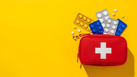 First aid kit with pills and capsules on yellow background, top viewの素材
