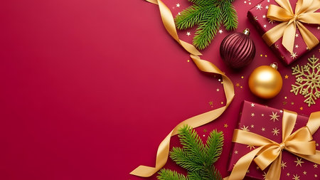 Christmas background with red gift boxes, Christmas balls and fir tree branches.の素材