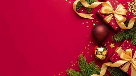 Christmas or New Year red background with fir tree branches, christmas balls and gift boxes. Flat lay, top view, copy space.の素材
